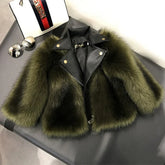 Green faux fur cropped jacket with black leather collar and relaxed fit