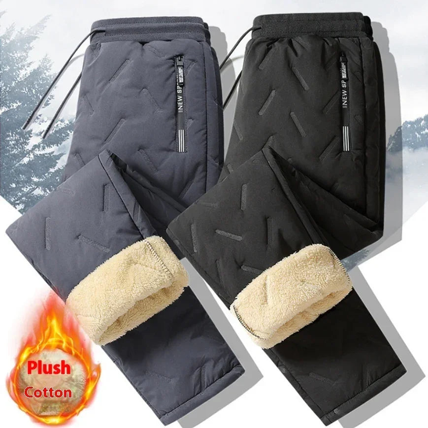 Men's winter jogger pants in black and gray, fleece-lined, quilted cotton, relaxed fit