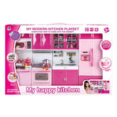 Pink and white modern kitchen playset with cabinets, fridge, stove, and sink, toy set for kids
