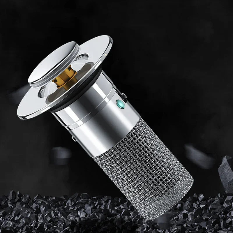 Futuristic silver metal drain filter with mesh body and pop-up top on black background