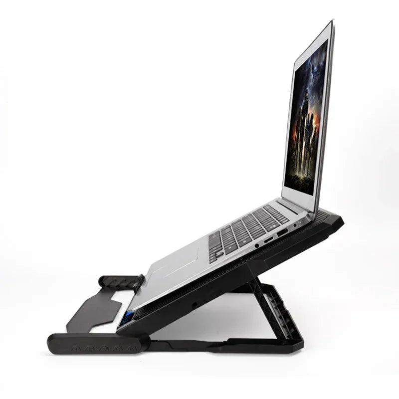 Adjustable black laptop stand with a silver laptop, ergonomic tech accessory on white background