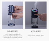Modern cylindrical humidifier with clear reservoir, black frame, and LED ring, demonstrating assembly and operation.