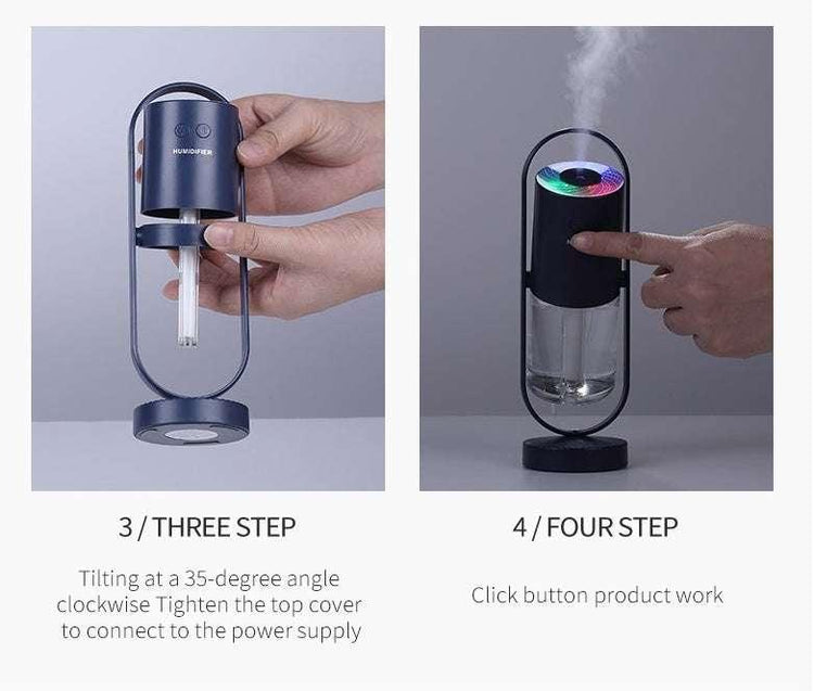 Modern cylindrical humidifier with clear reservoir, black frame, and LED ring, demonstrating assembly and operation.