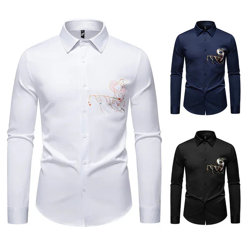 Slim fit long sleeve dress shirts in white, navy, and black with minimalist line art embroidery on chest.