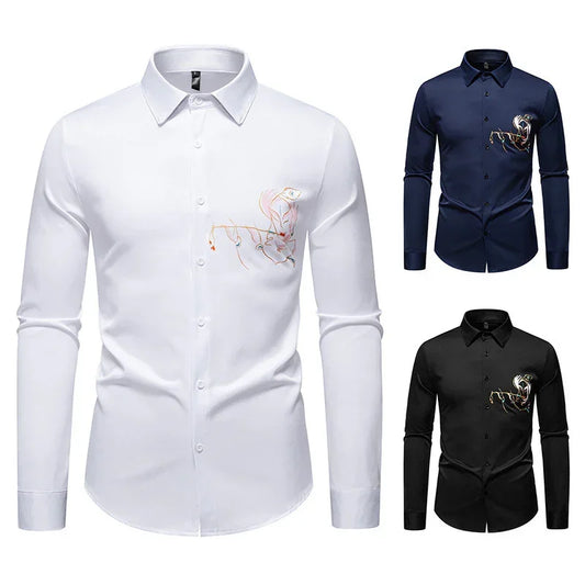 Slim fit long sleeve dress shirts in white, navy, and black with minimalist line art embroidery on chest.