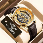 Gold skeleton dial watch with crystal accents, black leather strap, luxury modern style