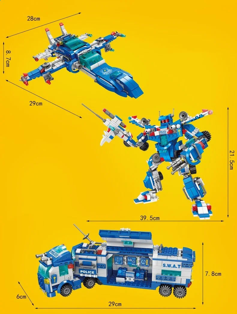 Blue and white building block police robot, jet, and SWAT truck toys on yellow background