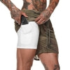 White compression shorts with side pocket under olive camo athletic shorts, slim fit, stretch fabric