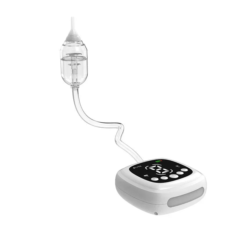 White electronic device with digital display, connected to a clear plastic canister by a flexible tube