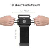 Black elastic adjustable strap with hands stretching sides, durable material, size measurements shown.