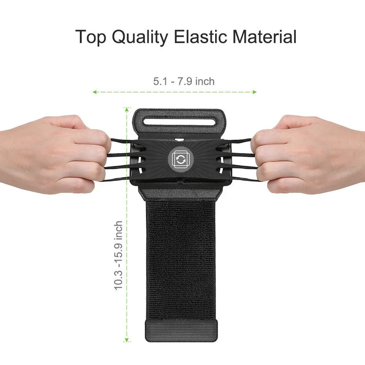 Black elastic adjustable strap with hands stretching sides, durable material, size measurements shown.