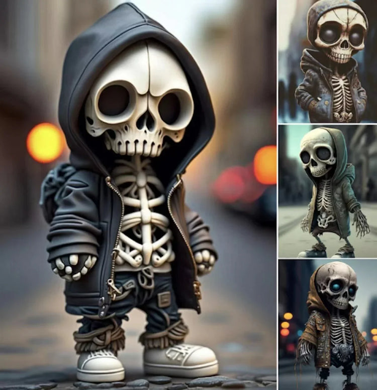 Skeleton figurine in oversized black hoodie, baggy pants, and streetwear sneakers