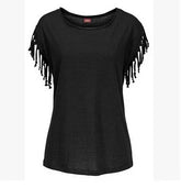Black short sleeve top with loose fit and fringed tassel detailing on the sleeves
