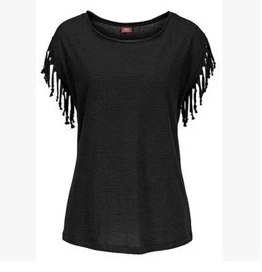 Black short sleeve top with loose fit and fringed tassel detailing on the sleeves