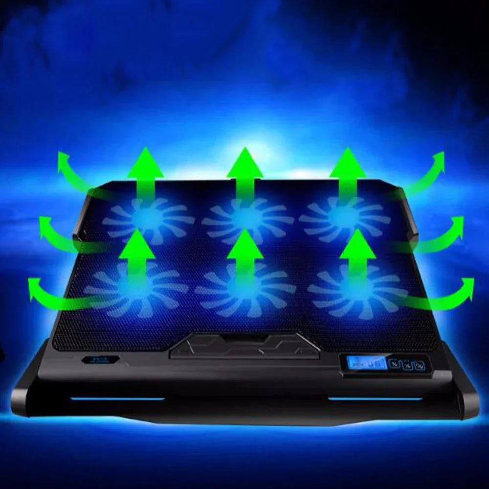 Black laptop cooling pad with blue LED fans and airflow arrows, mesh surface, digital display