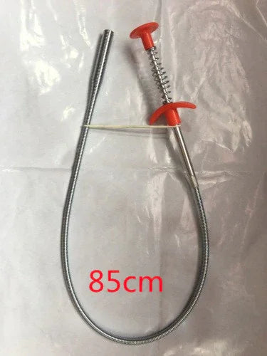 Flexible silver metal grabber tool with red handle, 85cm length, displayed on white surface