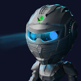 Futuristic gray armored figure with blue glowing visor and green forehead light, techwear style