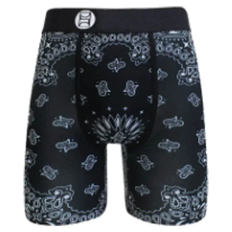 Black boxer briefs with white paisley bandana print, fitted stretch material