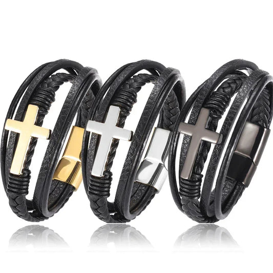 Set of black leather wrap bracelets with gold, silver, and gunmetal cross accents