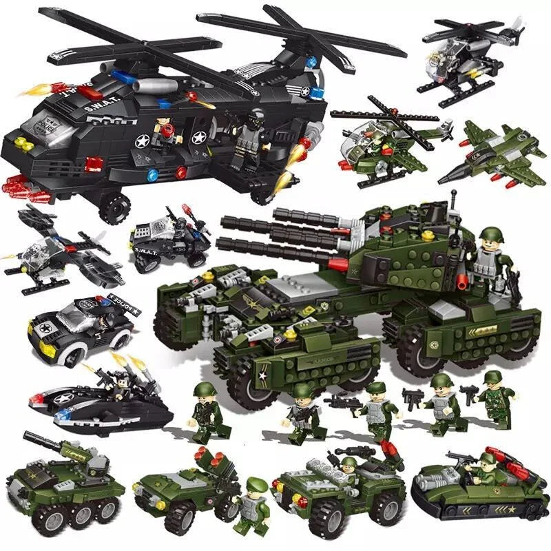 Assorted military-themed toy building blocks with helicopters, tanks, vehicles, and action figures.