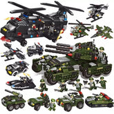 Assorted military-themed toy building blocks with helicopters, tanks, vehicles, and action figures.