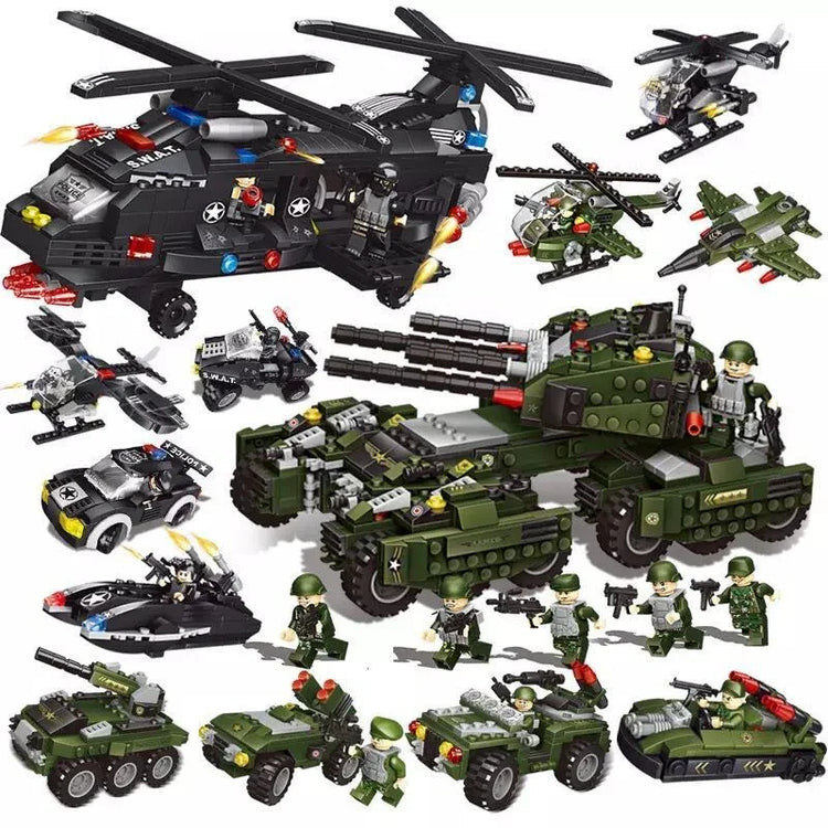 Assorted military-themed toy building blocks with helicopters, tanks, vehicles, and action figures.
