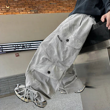 Loose fit gray cargo pants with large pockets, casual streetwear style