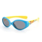 Oval blue and yellow sunglasses with playful graphic accents and dark lenses, plastic frame.