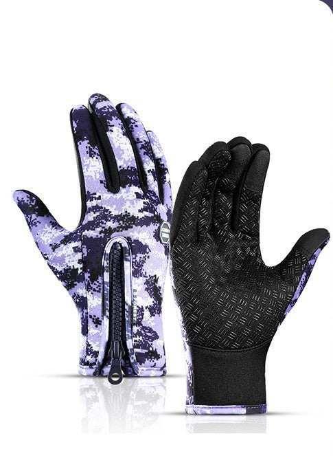 Purple camo touchscreen gloves with zip closure, grippy palm, slim fit, techwear style