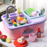 Pink and purple plastic toy sink with running water, play dishes, utensils, and toy food.