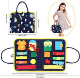 Colorful interactive felt activity book for kids with buttons, zippers, and buckles, navy blue with playful prints, portable handbag design.