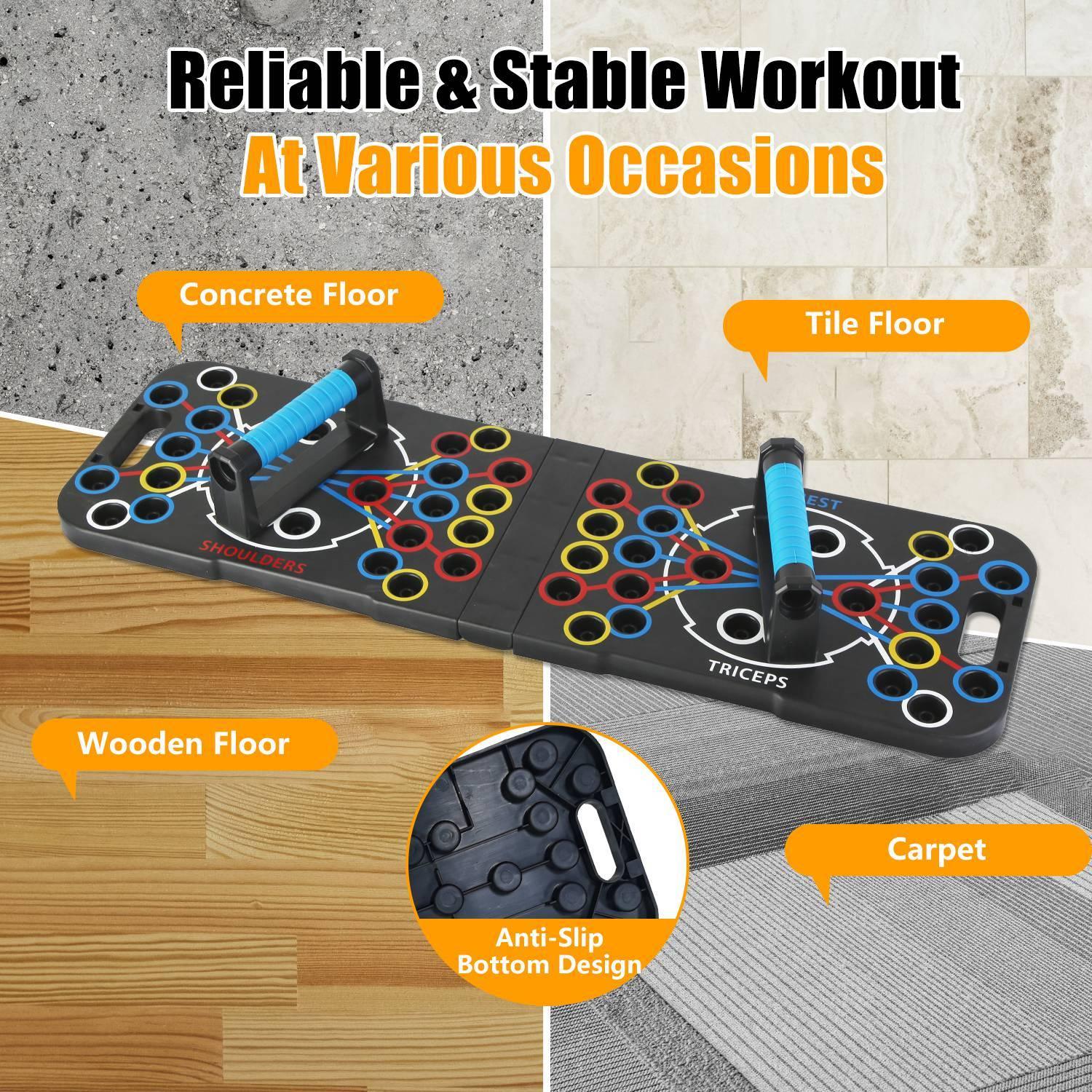 Foldable push-up board with color-coded slots and blue handles, anti-slip base; shown on concrete, tile, wood, and carpet floors.