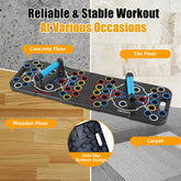 Foldable push-up board with color-coded slots and blue handles, anti-slip base; shown on concrete, tile, wood, and carpet floors.