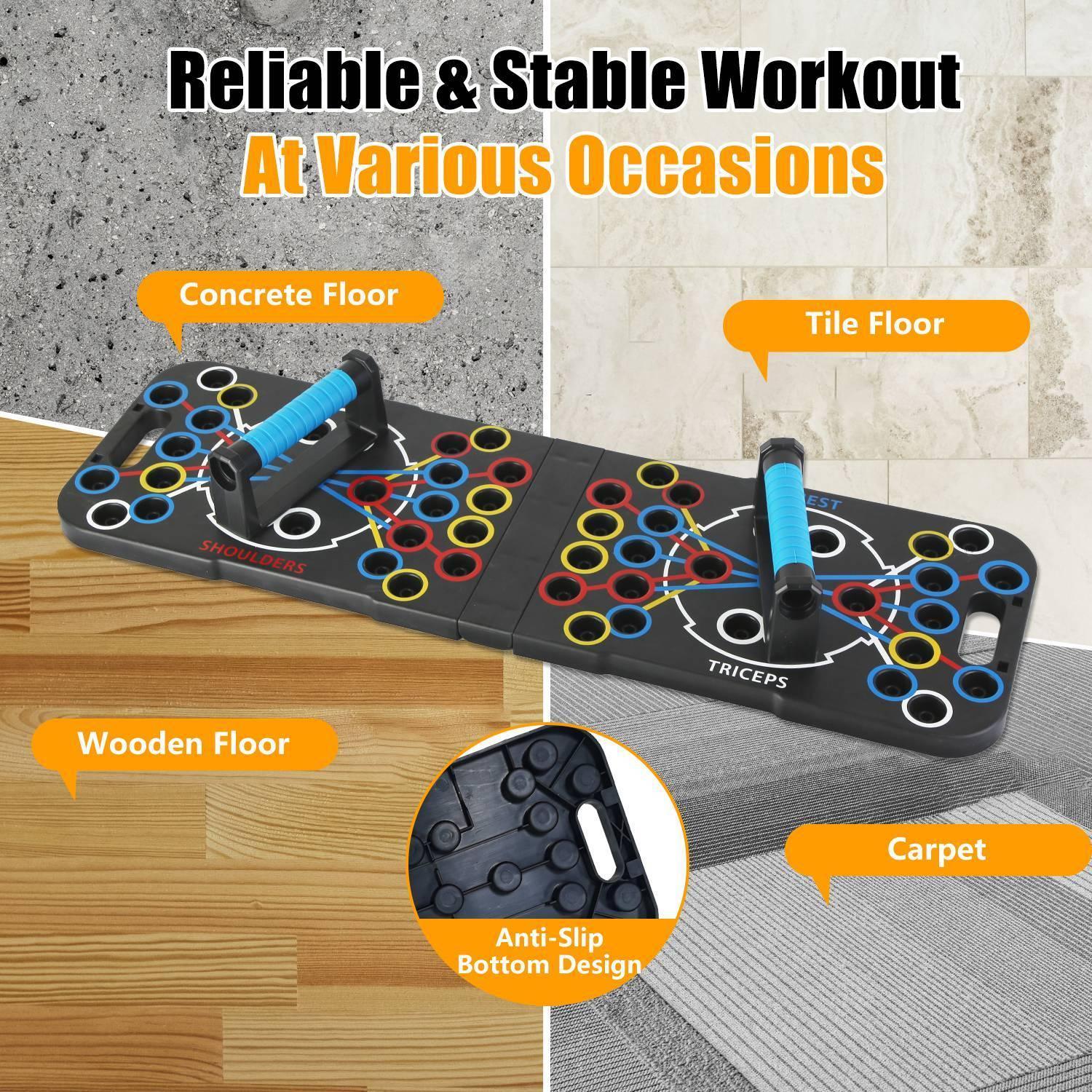 Foldable push-up board with color-coded slots and blue handles, anti-slip base; shown on concrete, tile, wood, and carpet floors.