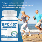 Active older adults jogging on beach in casual athletic wear, next to supplement bottle
