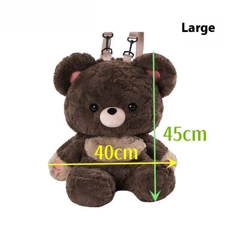 Large plush brown bear backpack with adjustable straps, soft fur, 45cm by 40cm size.