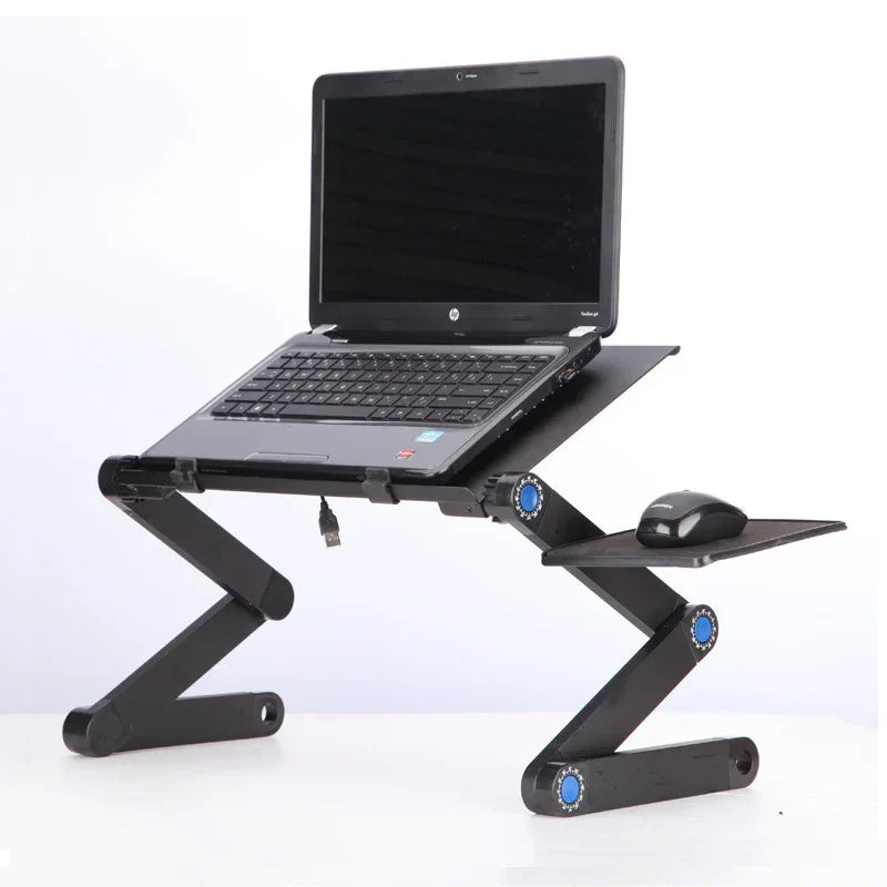 Adjustable black metal laptop stand with separate mouse tray on a white background