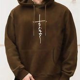 Brown oversized hoodie with white faith graphic, long sleeves, and kangaroo pocket