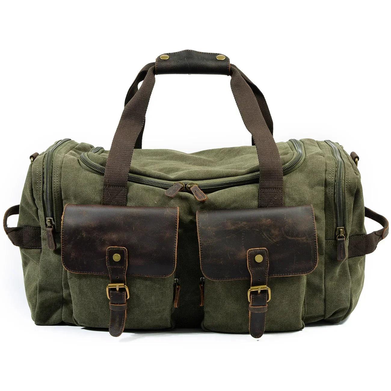 Olive green canvas duffel bag with brown leather pockets and sturdy handles