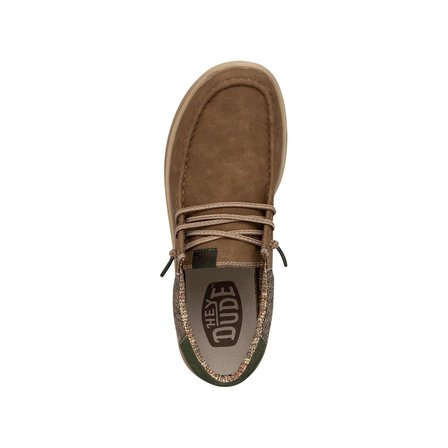 Brown suede casual shoe with round toe, lace-up front, and contrasting fabric trim
