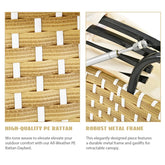Close-up of tan and white woven PE rattan material and sturdy black metal frame on outdoor furniture