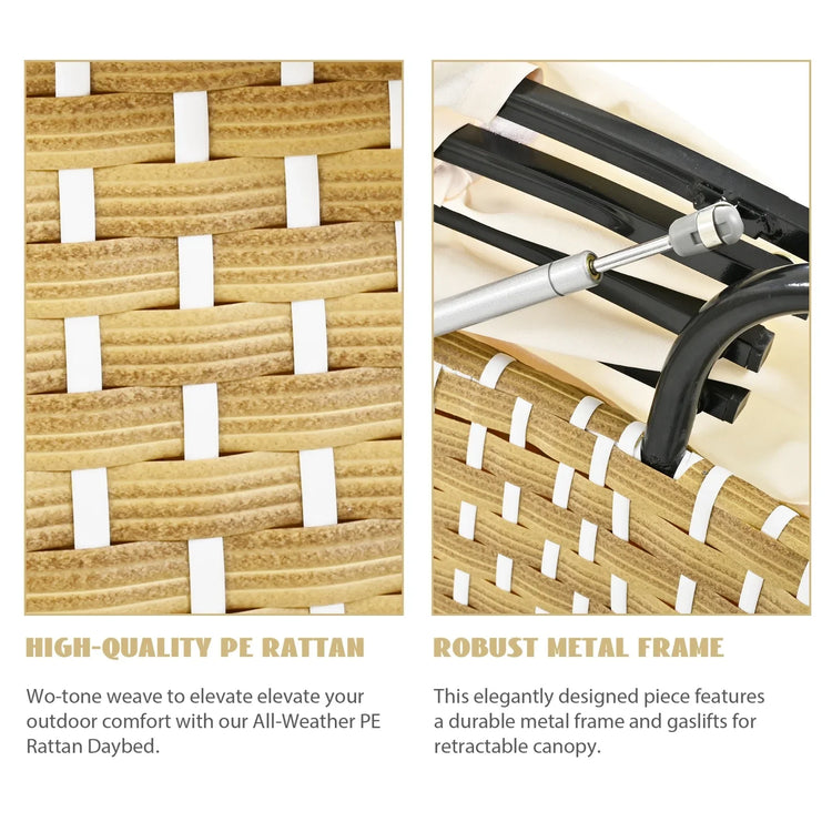Close-up of tan and white woven PE rattan material and sturdy black metal frame on outdoor furniture