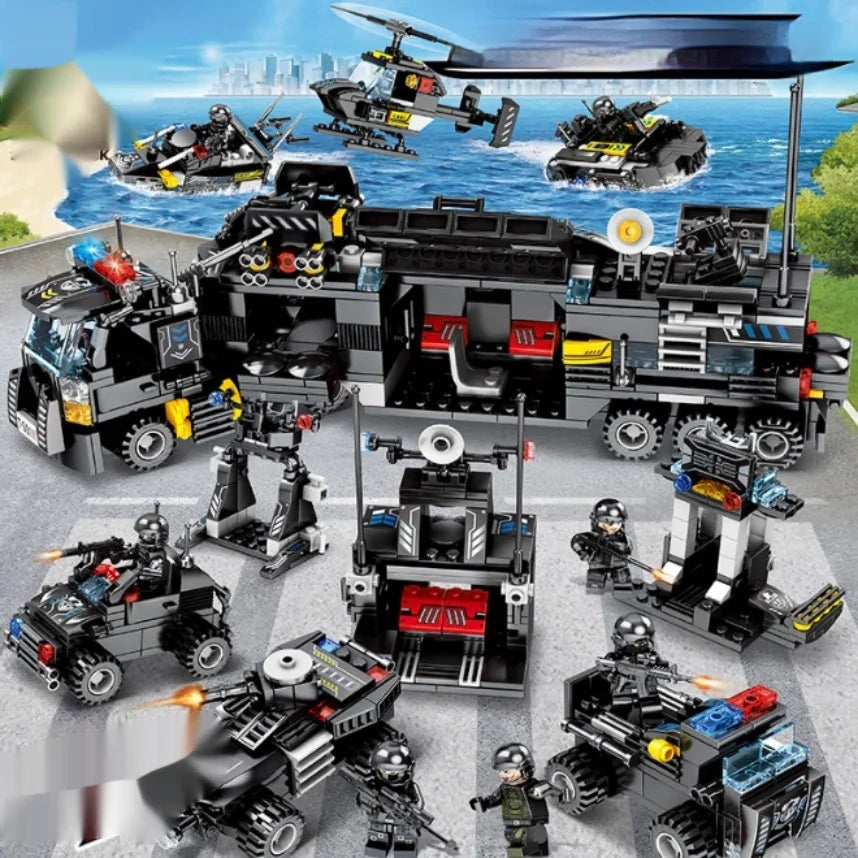 Black tactical police building blocks set with vehicles, helicopter, and minifigures on road