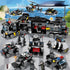 Black tactical police building blocks set with vehicles, helicopter, and minifigures on road