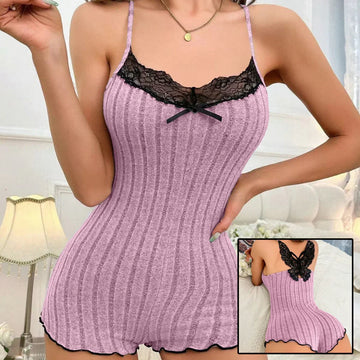 Lilac ribbed knit romper with black lace trim, butterfly back, slim fit sleepwear