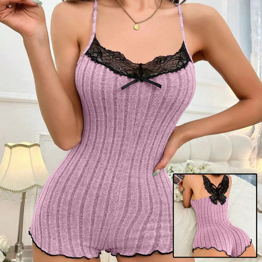Lilac ribbed knit romper with black lace trim, butterfly back, slim fit sleepwear