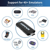 Black rectangular HDMI gaming stick with AMPOWN label, shown with retro game console images.