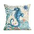 Throw pillow with blue seahorse and coastal plants on beige nautical map print, square shape