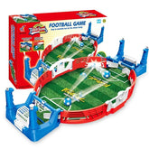 Mini tabletop soccer game with green field, red and blue plastic frame, and two goals
