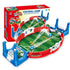 Mini tabletop soccer game with green field, red and blue plastic frame, and two goals